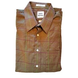 John Henry Olive Green Plaid Button-Up Shirt Size 15 1/2